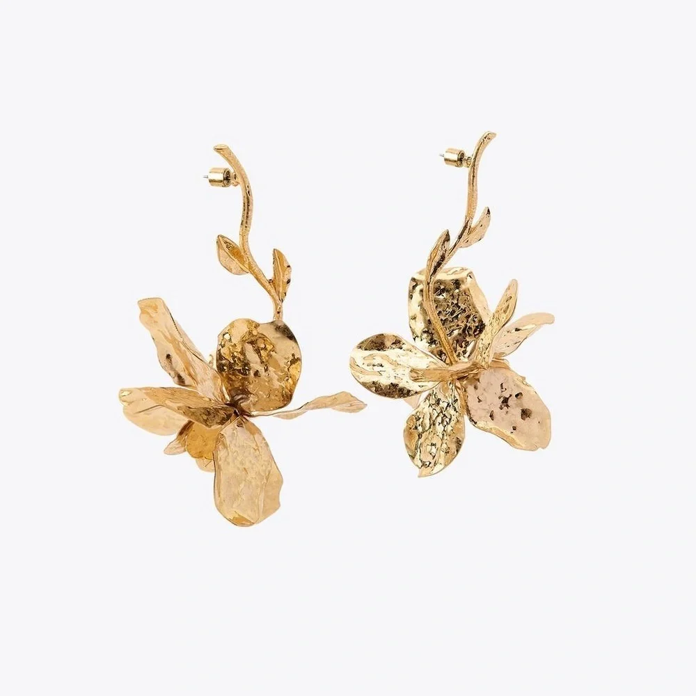 Zara Gold Textured Flower & Stem Earrings NWT